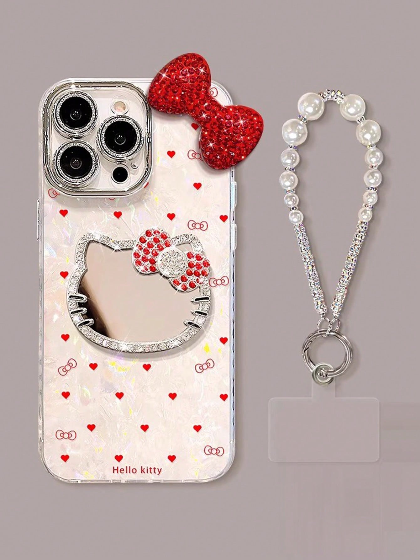 1pc 3D Rhinestone Bow Heart KT Cat Mirror Phone Case- Heart KT Cat Shell Texture, Fashion Creative Hello Kitty Sanrio Phone Case, Waterproof Anti-Fall Shockproof Material, Laser Color-Changing Heart