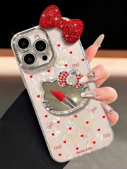 1pc 3D Rhinestone Bow Heart KT Cat Mirror Phone Case- Heart KT Cat Shell Texture, Fashion Creative Hello Kitty Sanrio Phone Case, Waterproof Anti-Fall Shockproof Material, Laser Color-Changing Heart