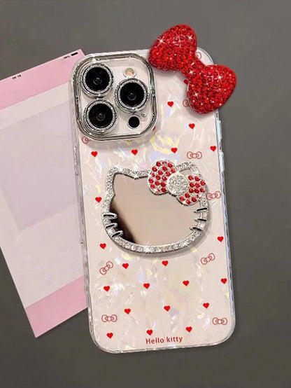 1pc 3D Rhinestone Bow Heart KT Cat Mirror Phone Case- Heart KT Cat Shell Texture, Fashion Creative Hello Kitty Sanrio Phone Case, Waterproof Anti-Fall Shockproof Material, Laser Color-Changing Heart