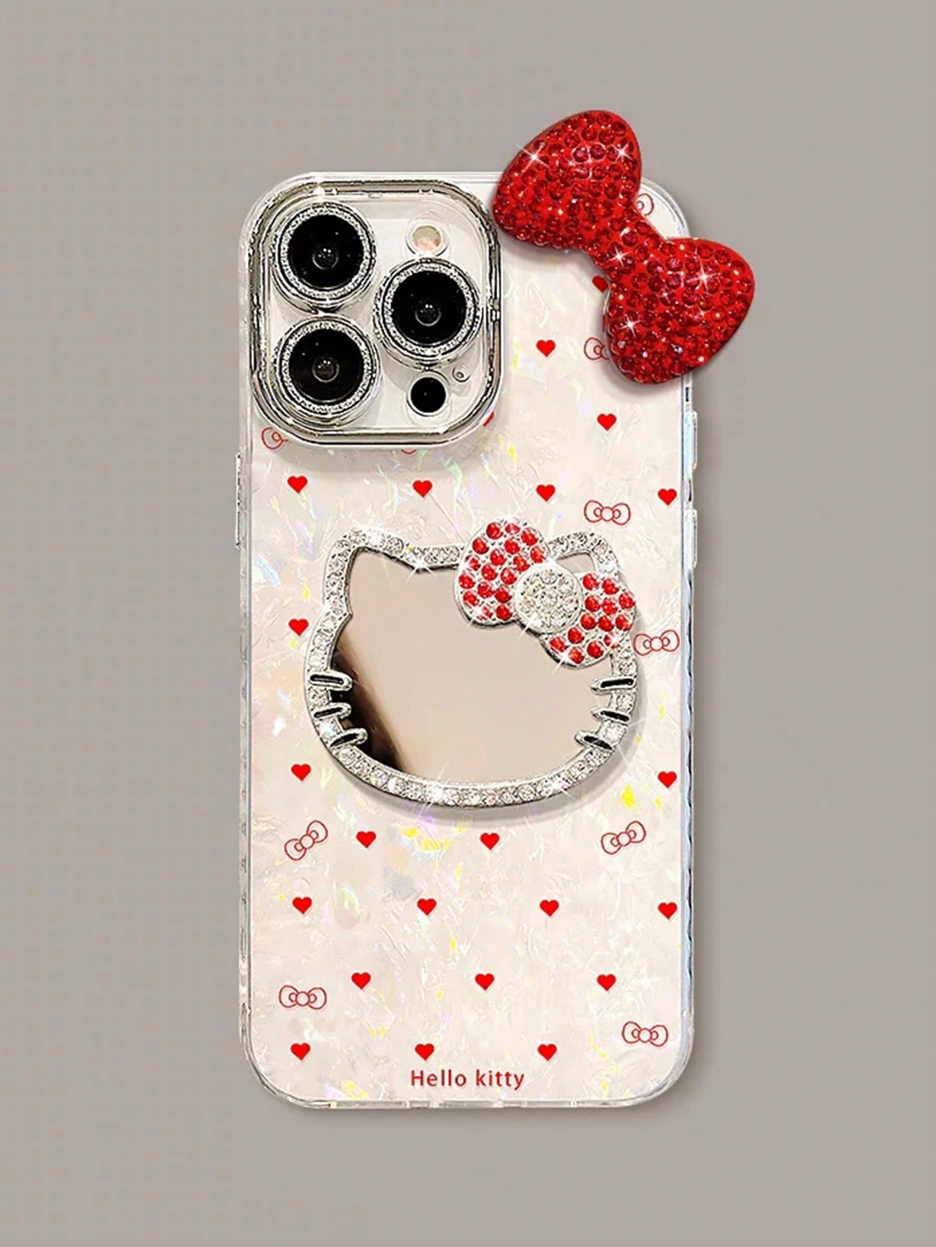 1pc 3D Rhinestone Bow Heart KT Cat Mirror Phone Case- Heart KT Cat Shell Texture, Fashion Creative Hello Kitty Sanrio Phone Case, Waterproof Anti-Fall Shockproof Material, Laser Color-Changing Heart