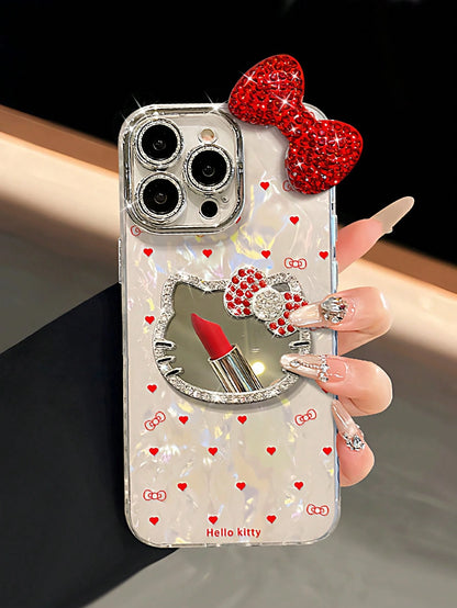 1pc 3D Rhinestone Bow Heart KT Cat Mirror Phone Case- Heart KT Cat Shell Texture, Fashion Creative Hello Kitty Sanrio Phone Case, Waterproof Anti-Fall Shockproof Material, Laser Color-Changing Heart