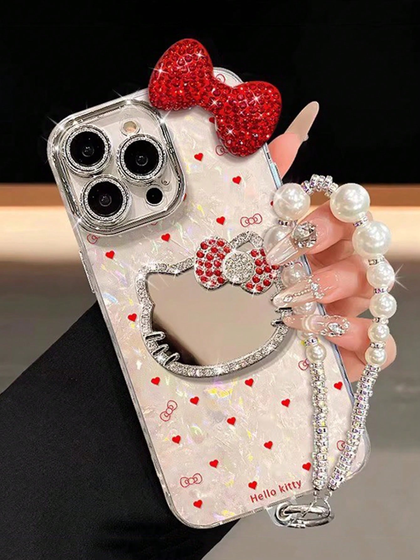 1pc 3D Rhinestone Bow Heart KT Cat Mirror Phone Case- Heart KT Cat Shell Texture, Fashion Creative Hello Kitty Sanrio Phone Case, Waterproof Anti-Fall Shockproof Material, Laser Color-Changing Heart