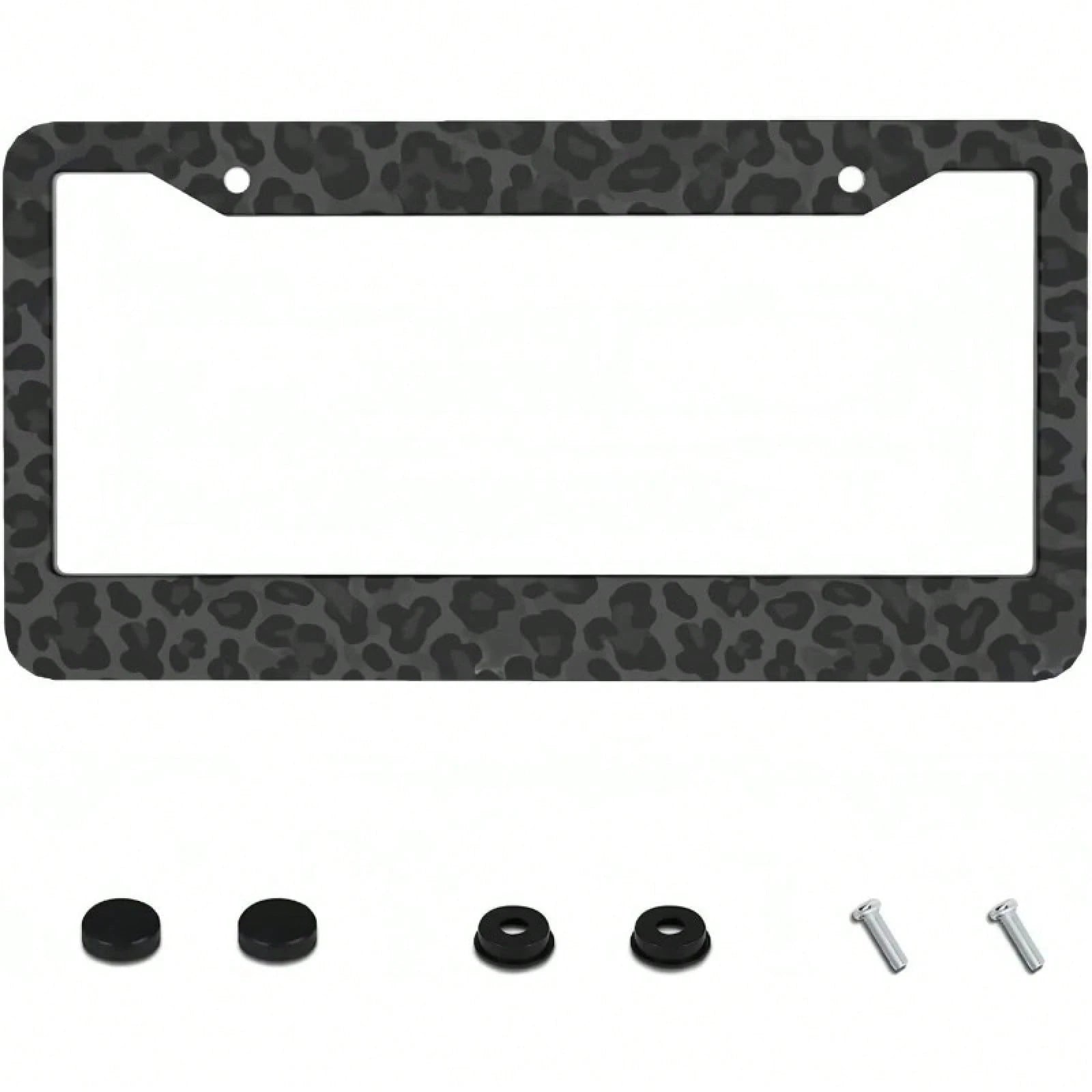 1pc 6.3x12.2in 2D Flat Black Leopard Print Aluminum License Plate Frame, With Mount Screws & Washers, Universal Fit Sedans SUVs Pickups Commercial Vehicles Car Must Haves,Car Decor,Car Cover,Car Acess