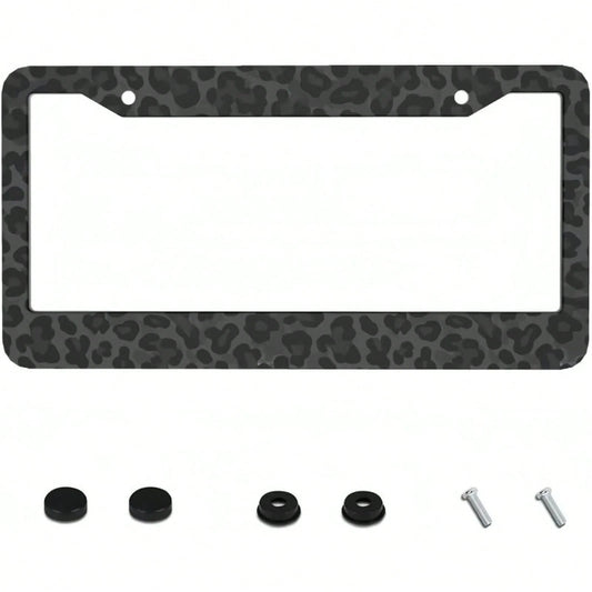 1pc 6.3x12.2in 2D Flat Black Leopard Print Aluminum License Plate Frame, With Mount Screws & Washers, Universal Fit Sedans SUVs Pickups Commercial Vehicles Car Must Haves,Car Decor,Car Cover,Car Acess