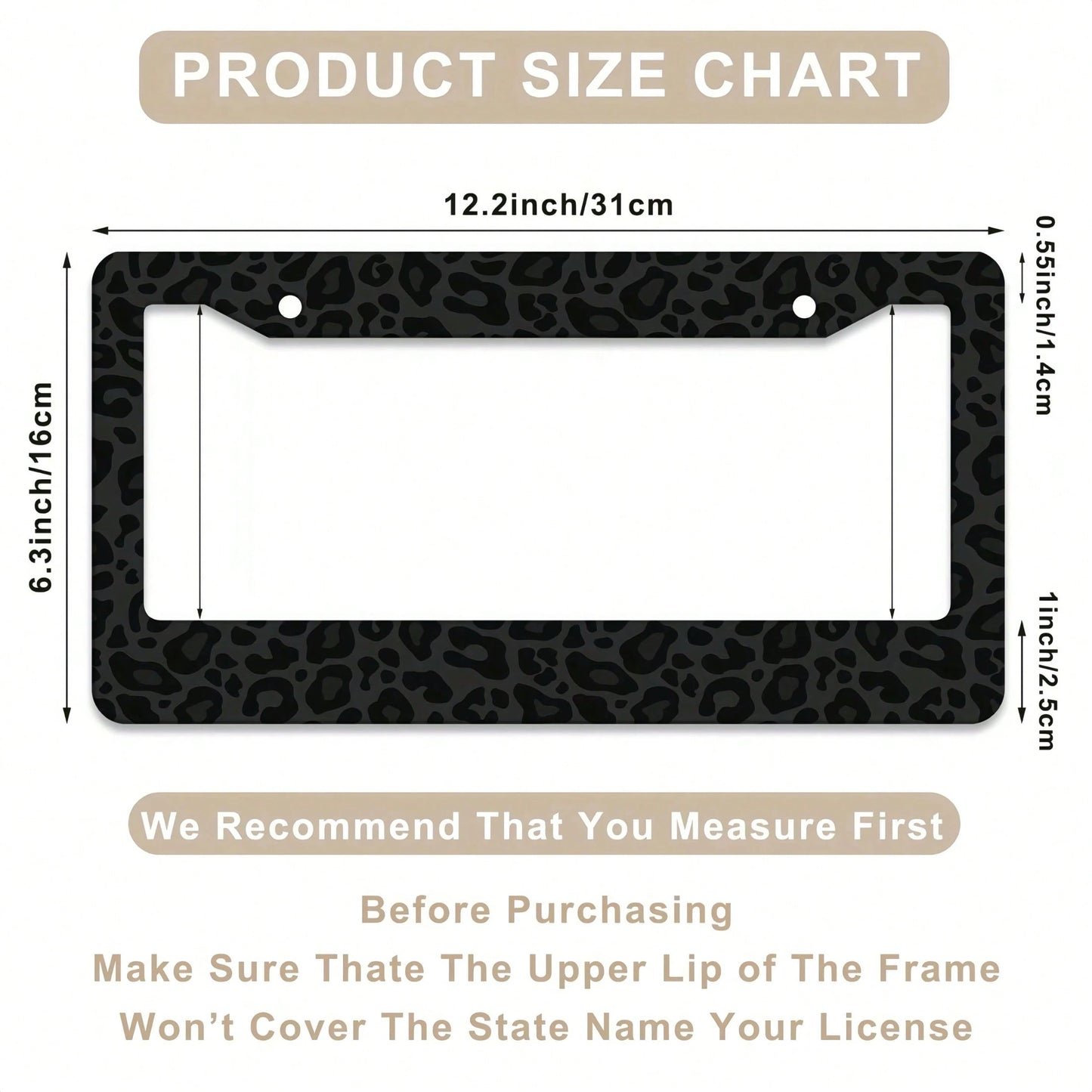 1pc 6.3x12.2in 2D Flat Black Leopard Print Aluminum License Plate Frame, With Mount Screws & Washers, Universal Fit Sedans SUVs Pickups Commercial Vehicles Car Must Haves,Car Decor,Car Cover,Car Acess