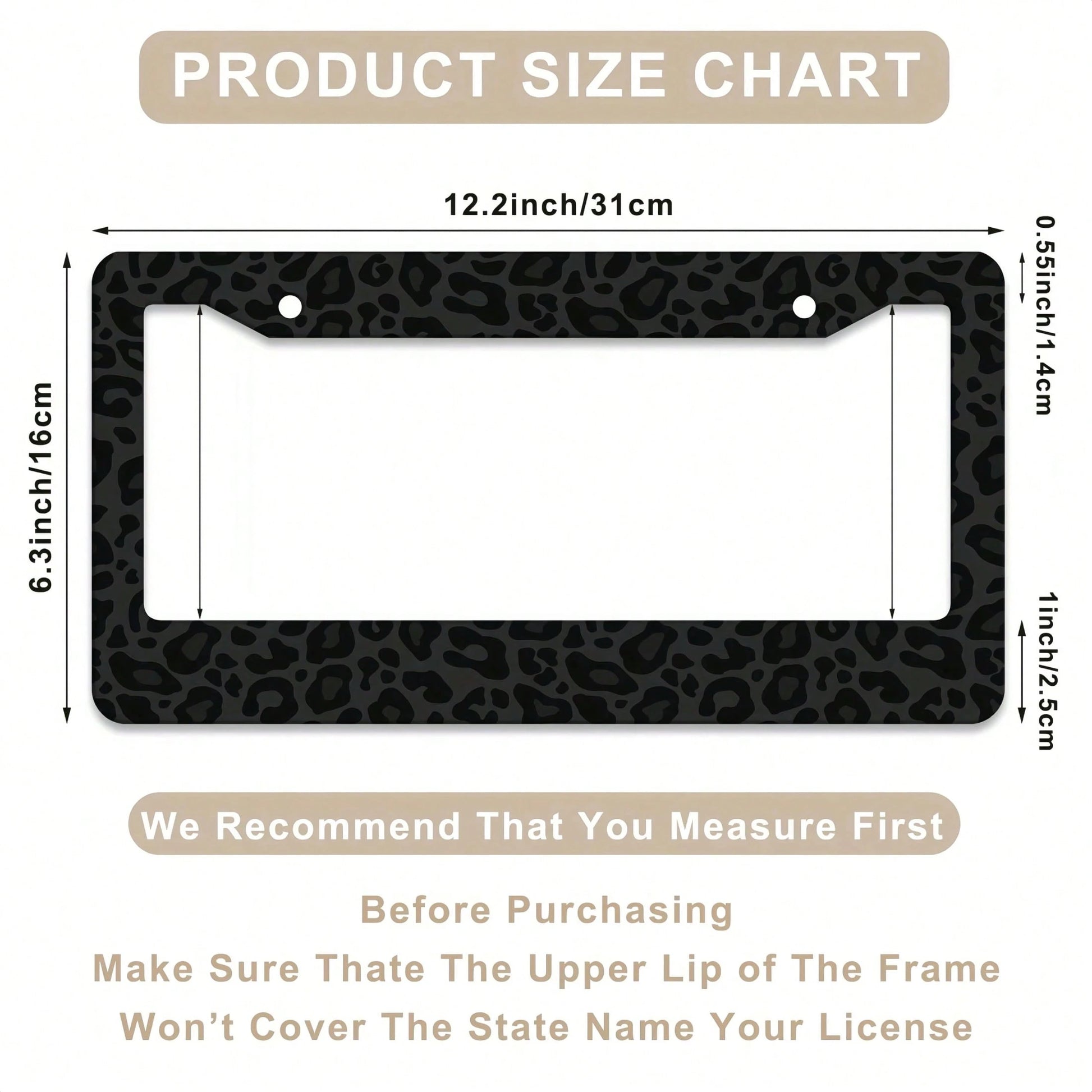 1pc 6.3x12.2in 2D Flat Black Leopard Print Aluminum License Plate Frame, With Mount Screws & Washers, Universal Fit Sedans SUVs Pickups Commercial Vehicles Car Must Haves,Car Decor,Car Cover,Car Acess