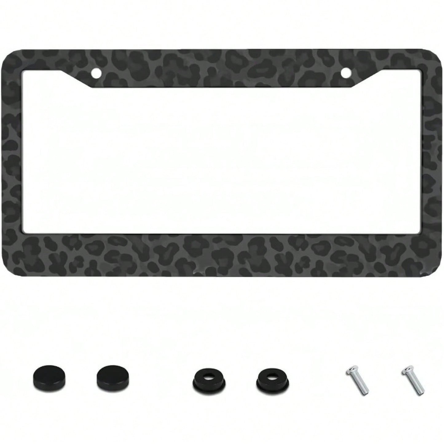 1pc 6.3x12.2in 2D Flat Black Leopard Print Aluminum License Plate Frame, With Mount Screws & Washers, Universal Fit Sedans SUVs Pickups Commercial Vehicles Car Must Haves,Car Decor,Car Cover,Car Acess