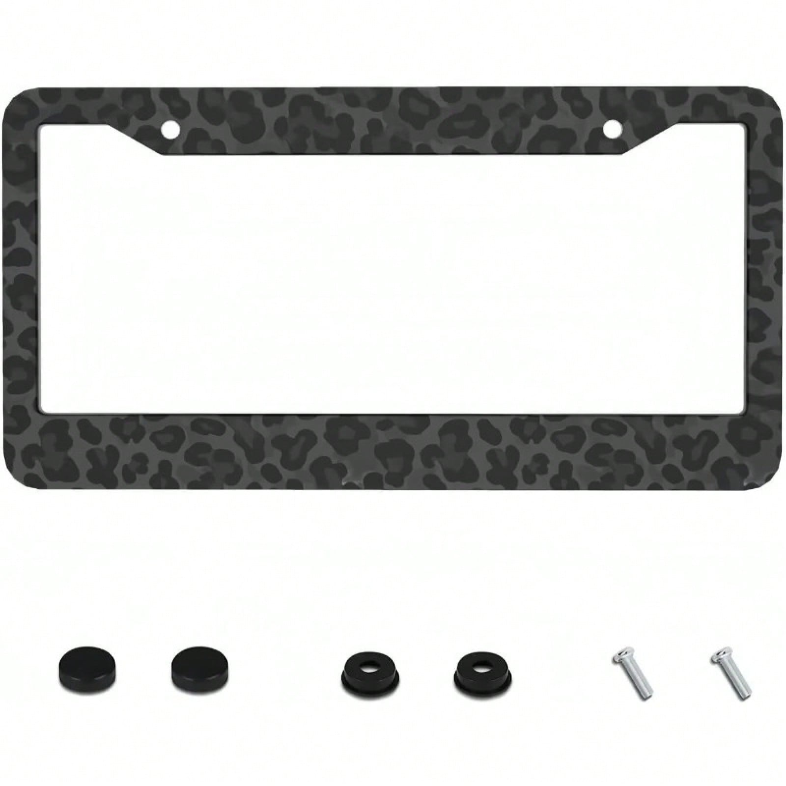 1pc 6.3x12.2in 2D Flat Black Leopard Print Aluminum License Plate Frame, With Mount Screws & Washers, Universal Fit Sedans SUVs Pickups Commercial Vehicles Car Must Haves,Car Decor,Car Cover,Car Acess