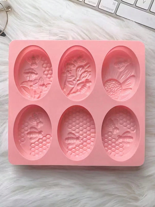 1pc 6-Cavity Silicone Oval Bee Shaped Soap Mold, 3D Handmade DIY Soap Mold