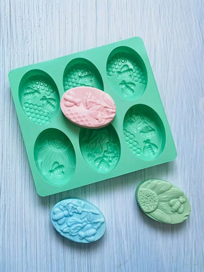 1pc 6-Cavity Silicone Oval Bee Shaped Soap Mold, 3D Handmade DIY Soap Mold