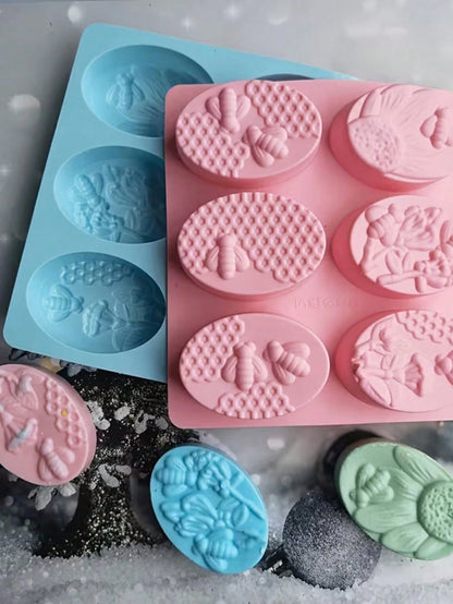 1pc 6-Cavity Silicone Oval Bee Shaped Soap Mold, 3D Handmade DIY Soap Mold