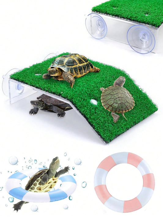 1pc Artificial Grass Platform Turtle Sunbathing Floating Island- Reptile Habitat Decor With Mini Swimming Ring, Suitable For Brazilian Turtle/Aquatic Turtle/Tortoise To Rest, Sunbathe, And Climb