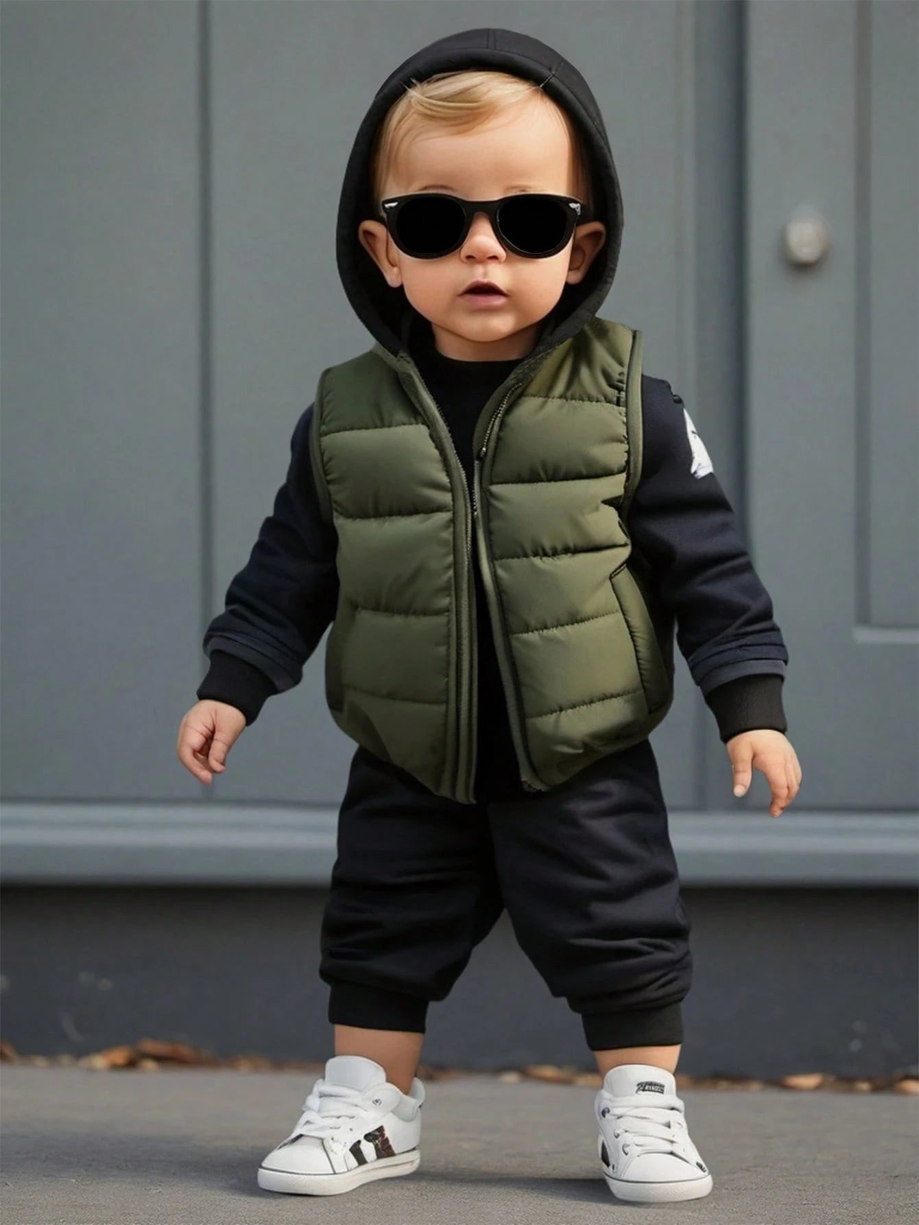 1pc Baby Boys Olive Green Solid Color Sleeveless Zipper Front Vest Jacket, Warm Comfortable Autumn Winter Outerwear For Cow Boy Date, Versatile