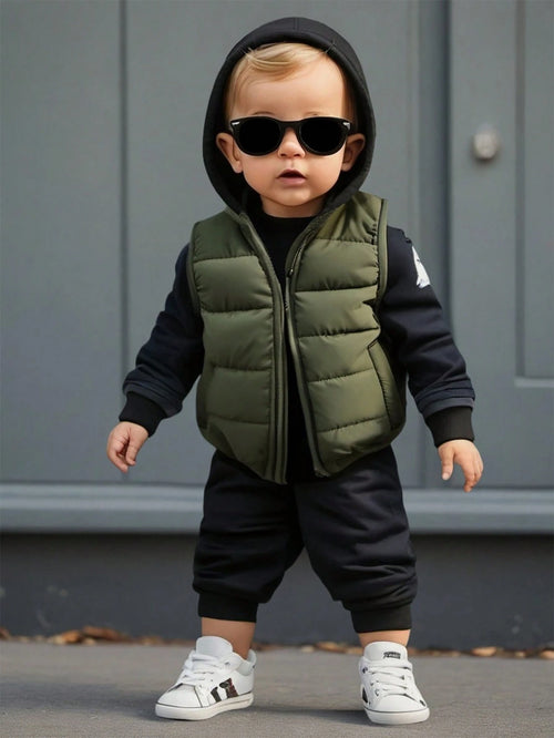 1pc Baby Boys Olive Green Solid Color Sleeveless Zipper Front Vest Jacket, Warm Comfortable Autumn Winter Outerwear For Cow Boy Date, Versatile