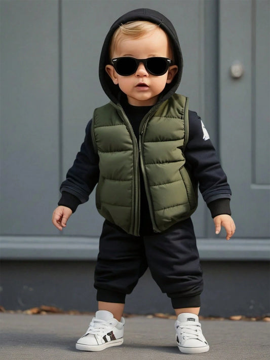 1pc Baby Boys Olive Green Solid Color Sleeveless Zipper Front Vest Jacket, Warm Comfortable Autumn Winter Outerwear For Cow Boy Date, Versatile