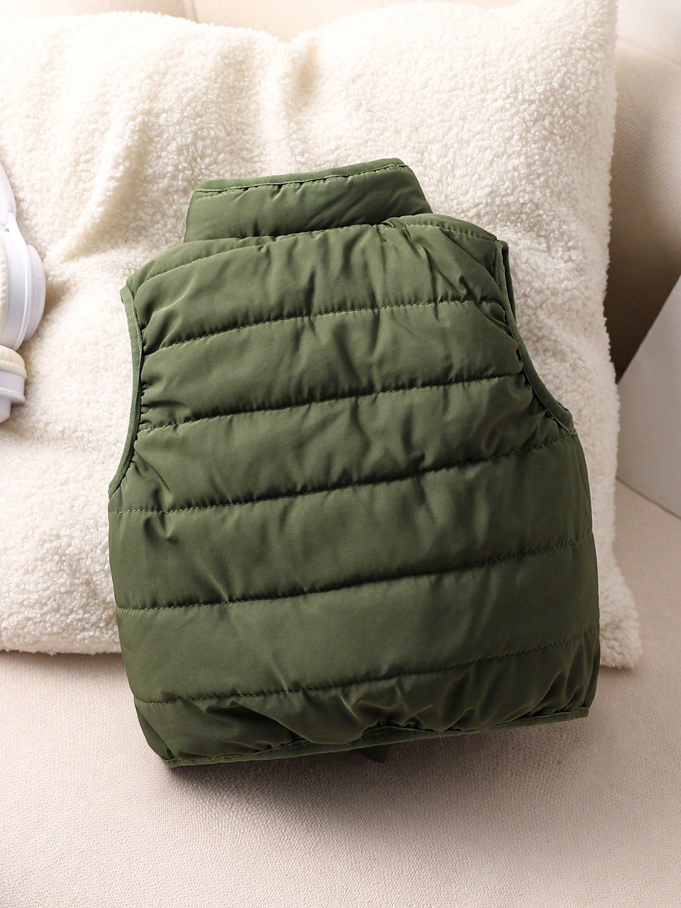1pc Baby Boys Olive Green Solid Color Sleeveless Zipper Front Vest Jacket, Warm Comfortable Autumn Winter Outerwear For Cow Boy Date, Versatile