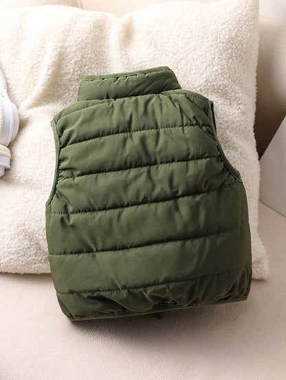 1pc Baby Boys Olive Green Solid Color Sleeveless Zipper Front Vest Jacket, Warm Comfortable Autumn Winter Outerwear For Cow Boy Date, Versatile