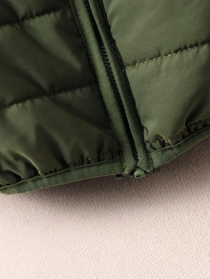 1pc Baby Boys Olive Green Solid Color Sleeveless Zipper Front Vest Jacket, Warm Comfortable Autumn Winter Outerwear For Cow Boy Date, Versatile
