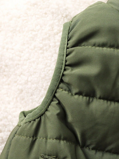 1pc Baby Boys Olive Green Solid Color Sleeveless Zipper Front Vest Jacket, Warm Comfortable Autumn Winter Outerwear For Cow Boy Date, Versatile