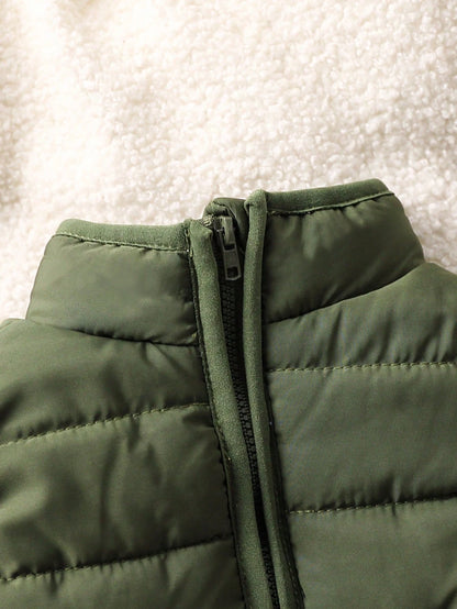 1pc Baby Boys Olive Green Solid Color Sleeveless Zipper Front Vest Jacket, Warm Comfortable Autumn Winter Outerwear For Cow Boy Date, Versatile