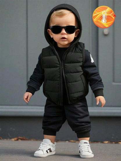1pc Baby Boys Olive Green Solid Color Sleeveless Zipper Front Vest Jacket, Warm Comfortable Autumn Winter Outerwear For Cow Boy Date, Versatile