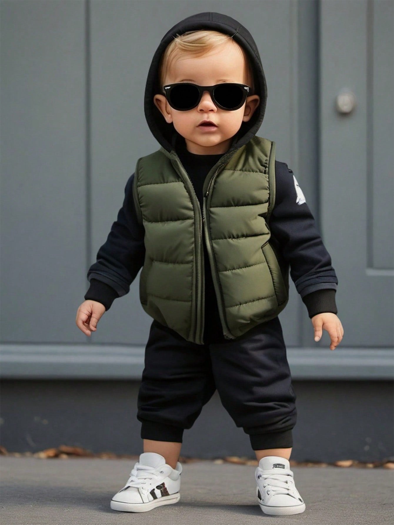 1pc Baby Boys Olive Green Solid Color Sleeveless Zipper Front Vest Jacket, Warm Comfortable Autumn Winter Outerwear For Cow Boy Date, Versatile