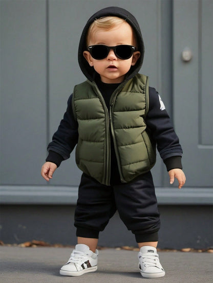1pc Baby Boys Olive Green Solid Color Sleeveless Zipper Front Vest Jacket, Warm Comfortable Autumn Winter Outerwear For Cow Boy Date, Versatile