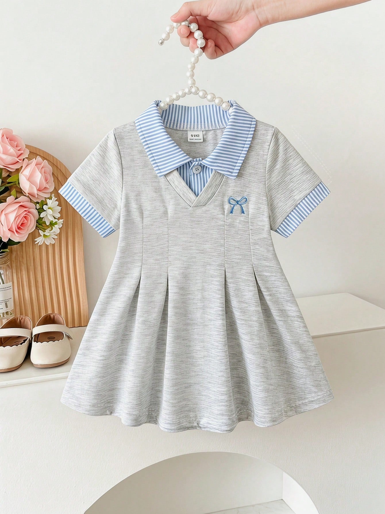 1pc Baby Girls' White Casual Dress, Ribbed Collar & Cuffs, Suitable For Casual Wear, Outings, Sports, Parties