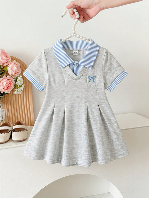 1pc Baby Girls' White Casual Dress, Ribbed Collar & Cuffs, Suitable For Casual Wear, Outings, Sports, Parties