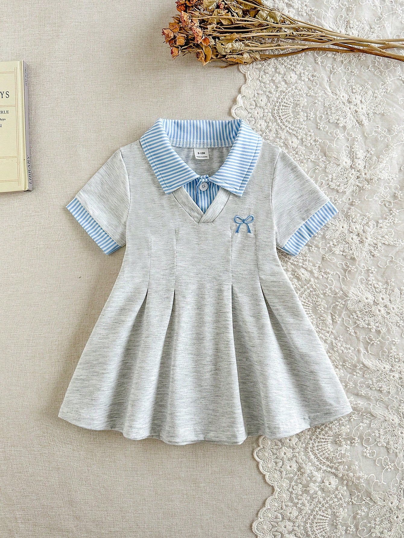 1pc Baby Girls' White Casual Dress, Ribbed Collar & Cuffs, Suitable For Casual Wear, Outings, Sports, Parties