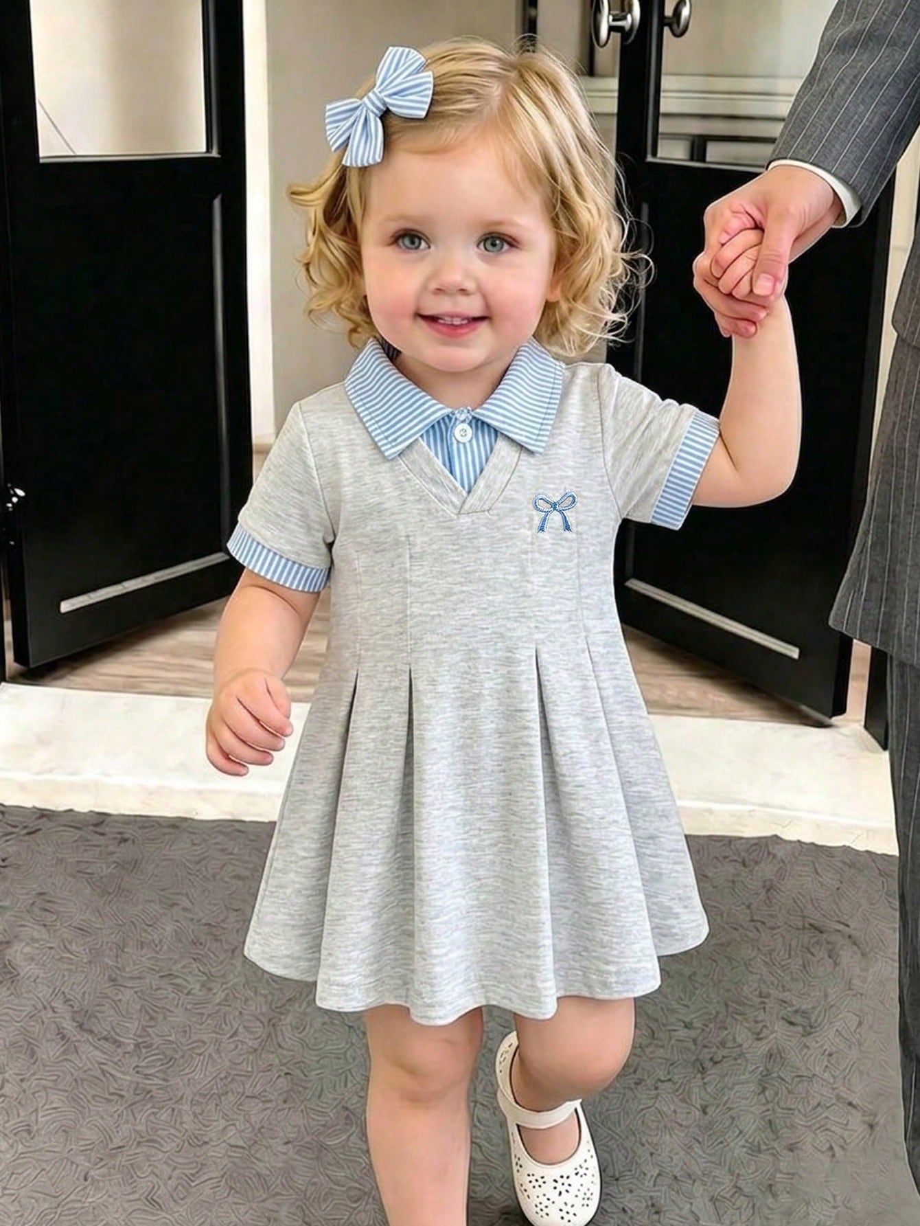 1pc Baby Girls' White Casual Dress, Ribbed Collar & Cuffs, Suitable For Casual Wear, Outings, Sports, Parties