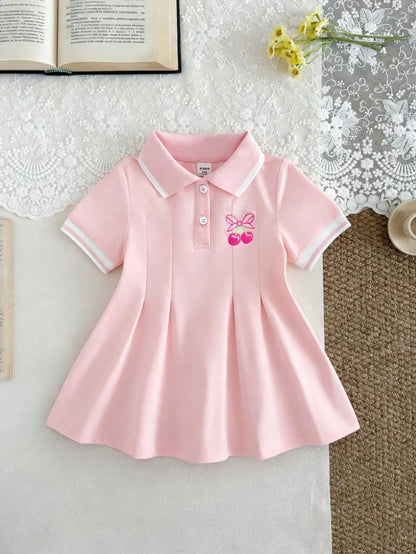 1pc Baby Girls' White Casual Dress, Ribbed Collar & Cuffs, Suitable For Casual Wear, Outings, Sports, Parties