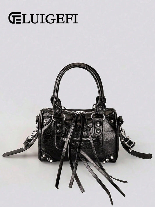 1pc Black Patchwork Rivet Inlaid Metal Tassel Zipper Decor Vintage PU Strap Fashion Sweet Cool Motorcycle Style Y2K Punk Women's Square Handbag, Streetwear