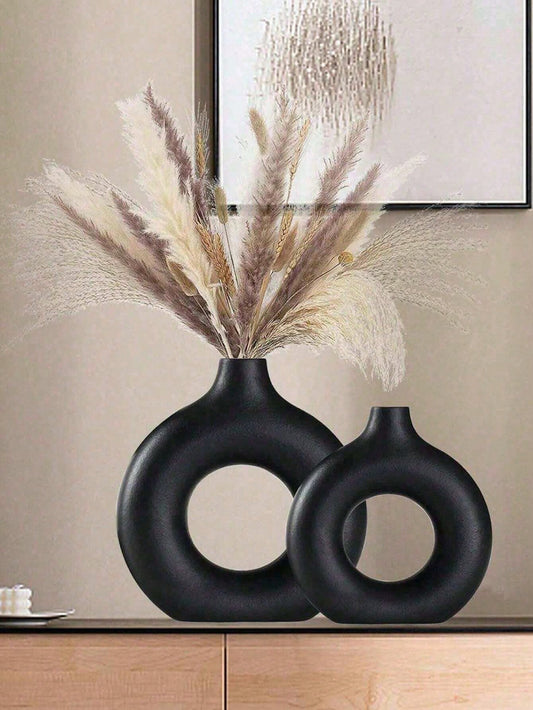 1pc Black Plastic Circular Flower Vase Decoration, Simulated Dry Flower Decoration Vase, Artistic Vase For Floral Arrangements, Simple Fall Living Room Exhibition Hall Decoration,Home Decor,Flower Vas