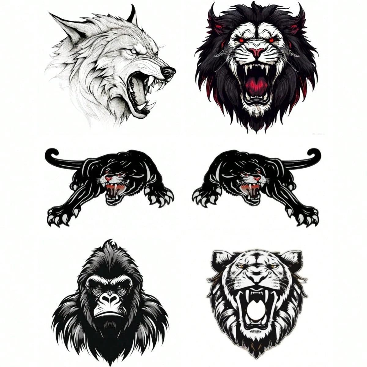 1pc Black & White Animal Series Fierce Lion Head, Wolf, Leopard, Gorilla King Kong 3D Effect Car Scratch Cover Sticker Decal For Automotive, Motorcycle, Vehicle Decoration