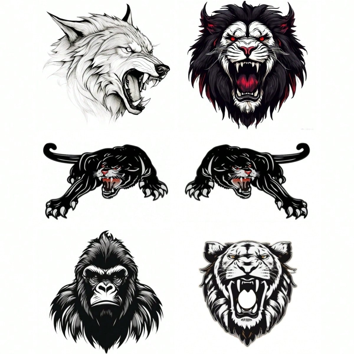 1pc Black & White Animal Series Fierce Lion Head, Wolf, Leopard, Gorilla King Kong 3D Effect Car Scratch Cover Sticker Decal For Automotive, Motorcycle, Vehicle Decoration