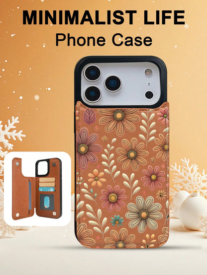 1PC Boho Daisy Vintage Garden Art Style Phone Case, TPU+PC Dual-Layer Material, Handcrafted Custom Design, Premium Fashionable Faux Leather Flip Wallet Card Holder Cover, Compatible With IPhone 17/16