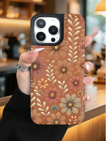 1PC Boho Daisy Vintage Garden Art Style Phone Case, TPU+PC Dual-Layer Material, Handcrafted Custom Design, Premium Fashionable Faux Leather Flip Wallet Card Holder Cover, Compatible With IPhone 17/16
