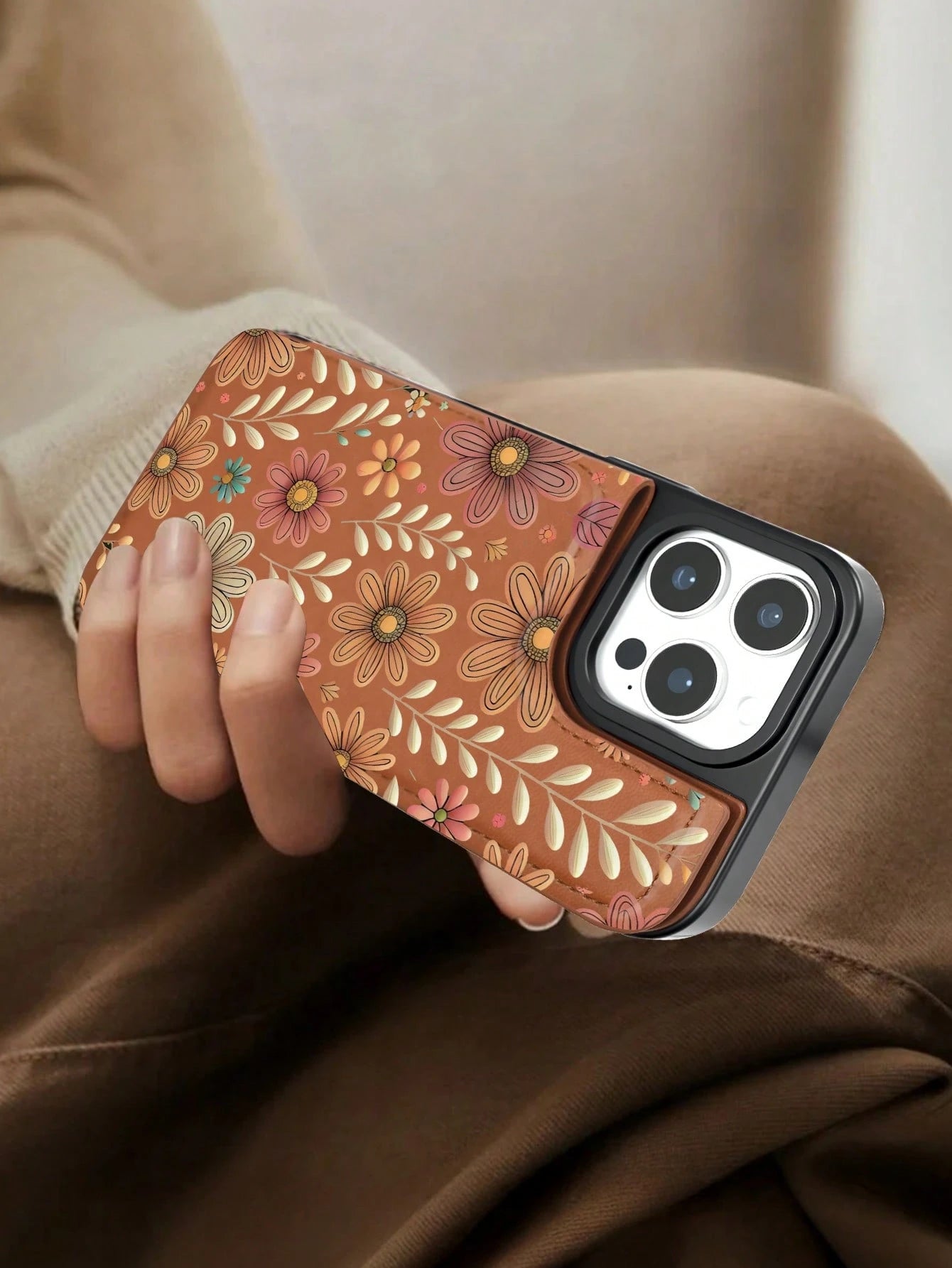 1PC Boho Daisy Vintage Garden Art Style Phone Case, TPU+PC Dual-Layer Material, Handcrafted Custom Design, Premium Fashionable Faux Leather Flip Wallet Card Holder Cover, Compatible With IPhone 17/16