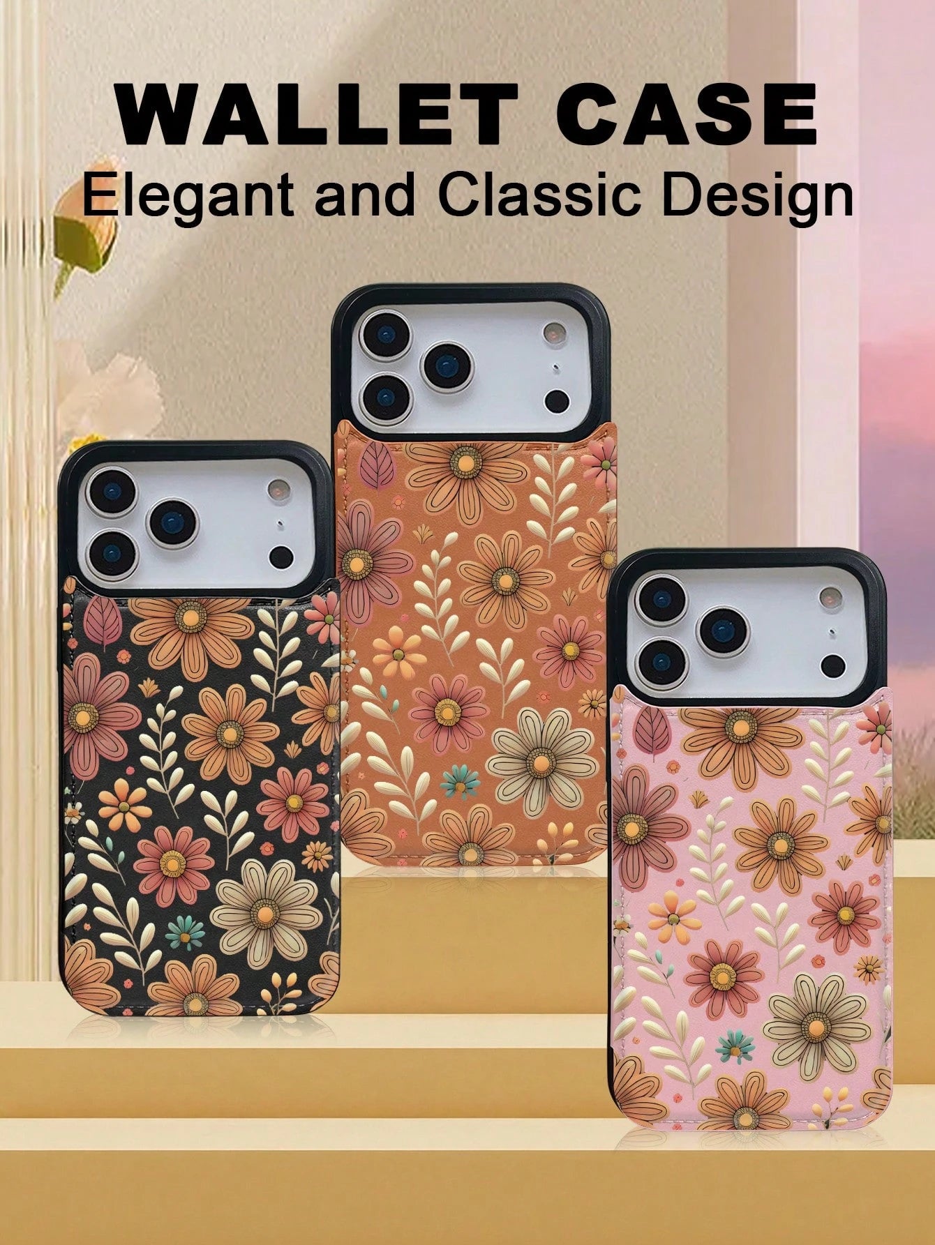1PC Boho Daisy Vintage Garden Art Style Phone Case, TPU+PC Dual-Layer Material, Handcrafted Custom Design, Premium Fashionable Faux Leather Flip Wallet Card Holder Cover, Compatible With IPhone 17/16