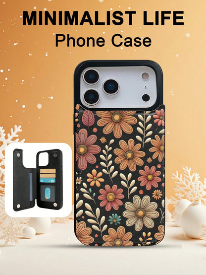 1PC Boho Daisy Vintage Garden Art Style Phone Case, TPU+PC Dual-Layer Material, Handcrafted Custom Design, Premium Fashionable Faux Leather Flip Wallet Card Holder Cover, Compatible With IPhone 17/16