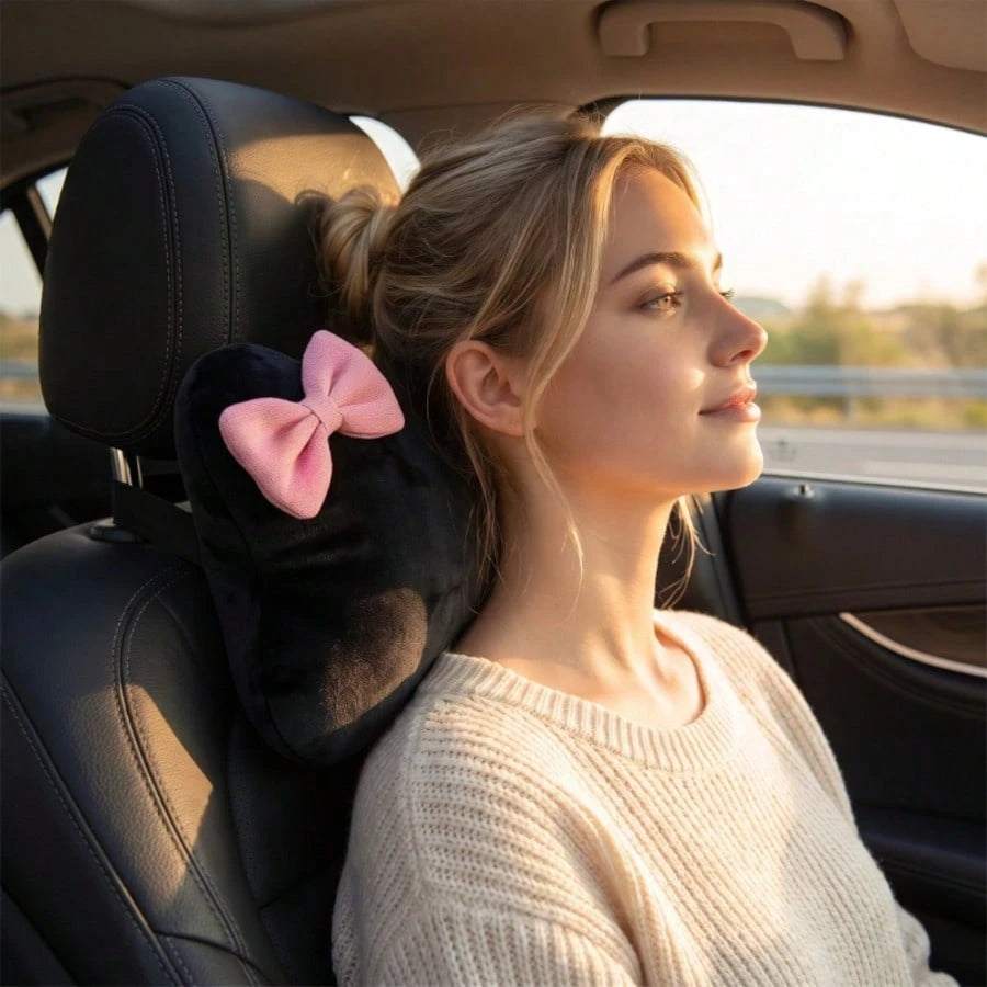 1pc Bowknot Plush Car Seat Neck Pillow, Travel Relaxation Head & Neck Support Pillow, Comfortable Car Cushion