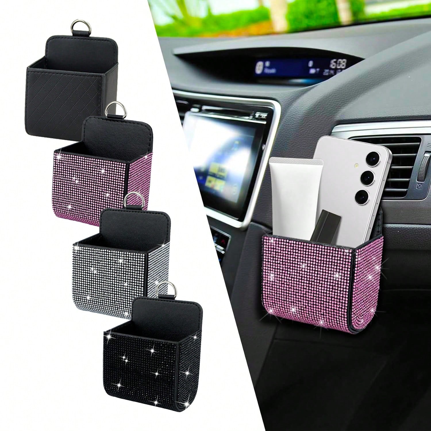 1pc Car Air Vent Organizer, Car Coin Holder, Rhinestone Car Air Vent Leather Pocket, Universal Car Accessory Shiny Car Small Bag With Hook, Suitable For Fashion Glasses, Keys, Coins