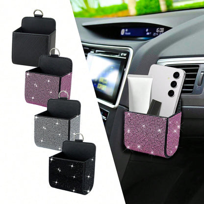 1pc Car Air Vent Organizer, Car Coin Holder, Rhinestone Car Air Vent Leather Pocket, Universal Car Accessory Shiny Car Small Bag With Hook, Suitable For Fashion Glasses, Keys, Coins