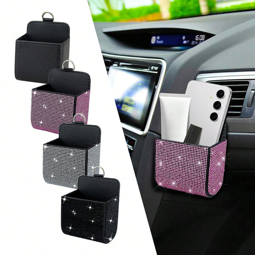 1pc Car Air Vent Organizer, Car Coin Holder, Rhinestone Car Air Vent Leather Pocket, Universal Car Accessory Shiny Car Small Bag With Hook, Suitable For Fashion Glasses, Keys, Coins