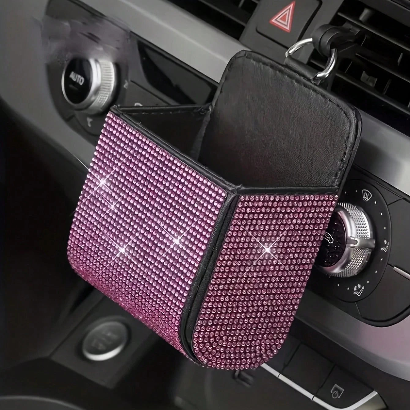 1pc Car Air Vent Organizer, Car Coin Holder, Rhinestone Car Air Vent Leather Pocket, Universal Car Accessory Shiny Car Small Bag With Hook, Suitable For Fashion Glasses, Keys, Coins