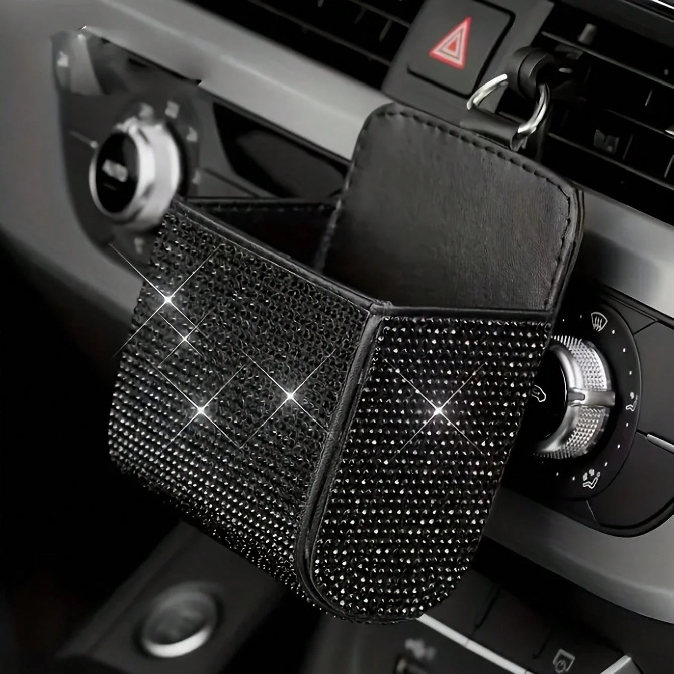 1pc Car Air Vent Organizer, Car Coin Holder, Rhinestone Car Air Vent Leather Pocket, Universal Car Accessory Shiny Car Small Bag With Hook, Suitable For Fashion Glasses, Keys, Coins