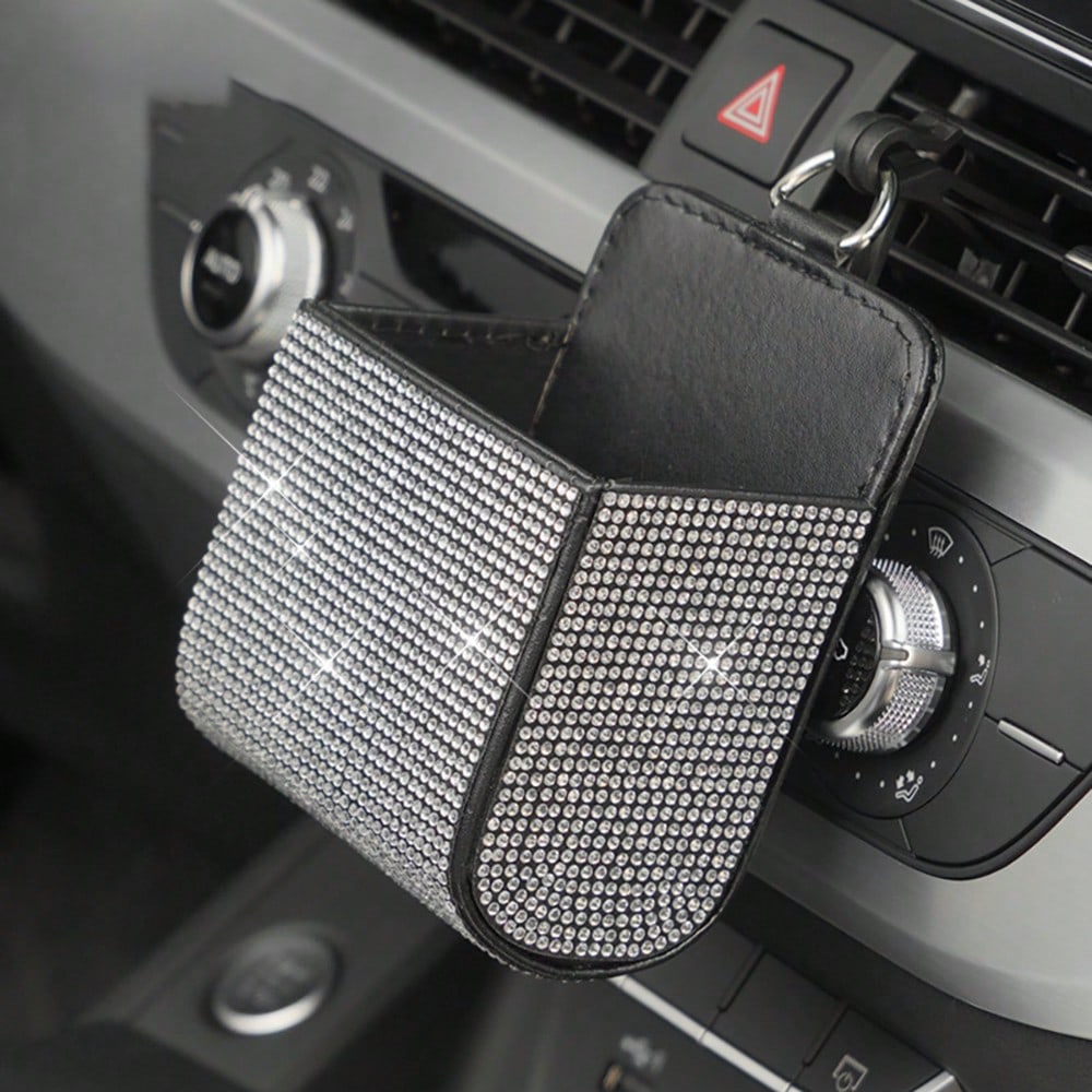 1pc Car Air Vent Organizer, Car Coin Holder, Rhinestone Car Air Vent Leather Pocket, Universal Car Accessory Shiny Car Small Bag With Hook, Suitable For Fashion Glasses, Keys, Coins