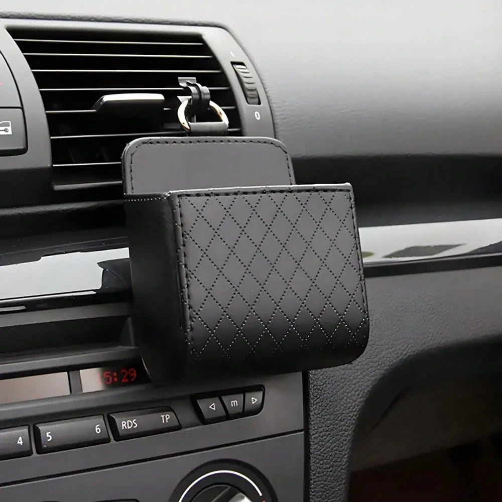 1pc Car Air Vent Organizer, Car Coin Holder, Rhinestone Car Air Vent Leather Pocket, Universal Car Accessory Shiny Car Small Bag With Hook, Suitable For Fashion Glasses, Keys, Coins
