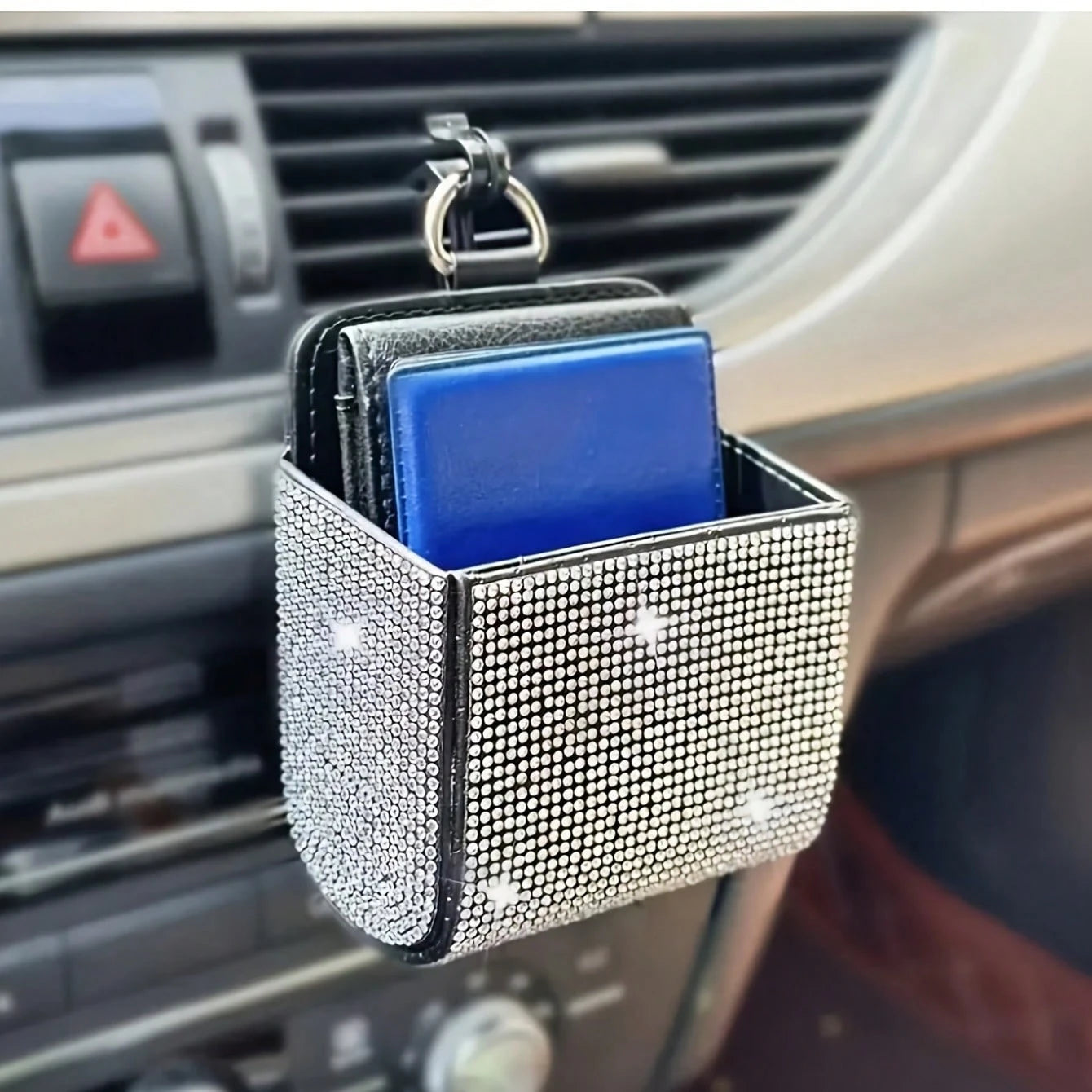 1pc Car Air Vent Organizer, Car Coin Holder, Rhinestone Car Air Vent Leather Pocket, Universal Car Accessory Shiny Car Small Bag With Hook, Suitable For Fashion Glasses, Keys, Coins